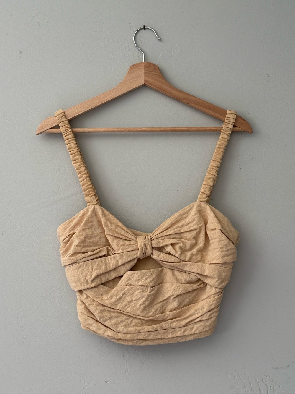 Zara Beige Knot-Front Ruched Crop Top